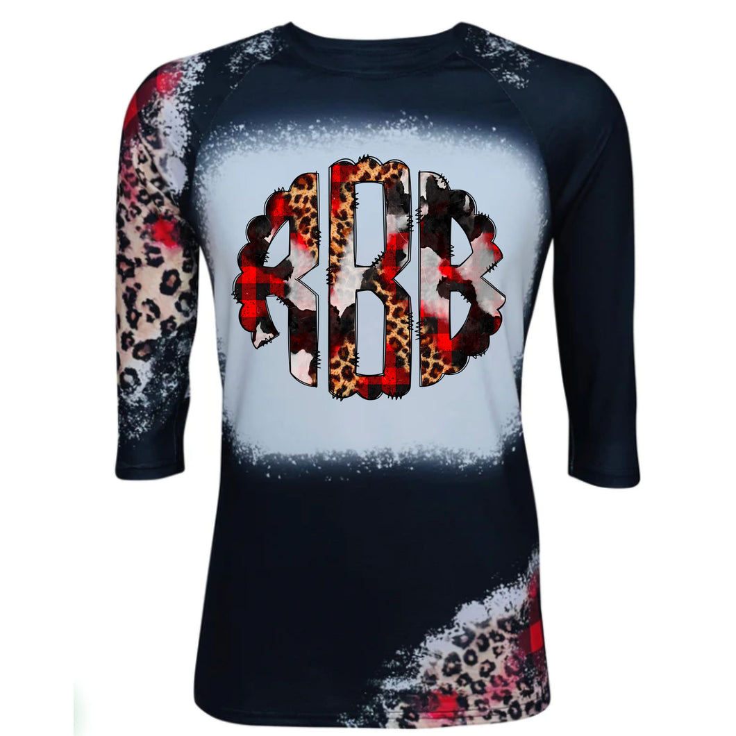 Monogrammed Christmas Black Plaid Cheetah Raglan